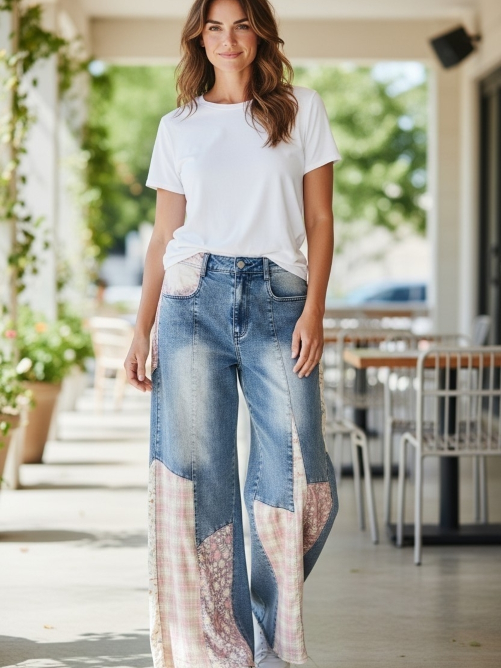 Blue Velvet Patchwork Wide-Leg Jeans